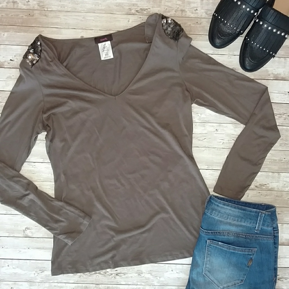 MARK by Avon Taupe long sleeve w/sequin shoulders